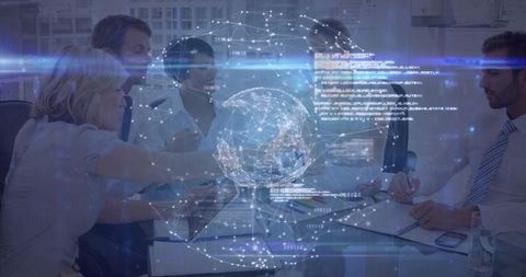 Colleagues Analyze Holographic Network Sphere in Modern Office