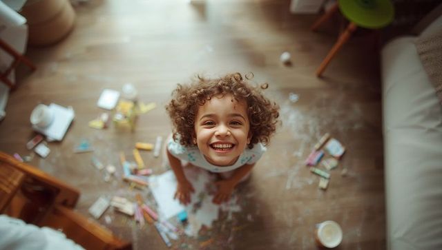 Smiling curly-haired girl drawing on messy living room floor with crayons and markers