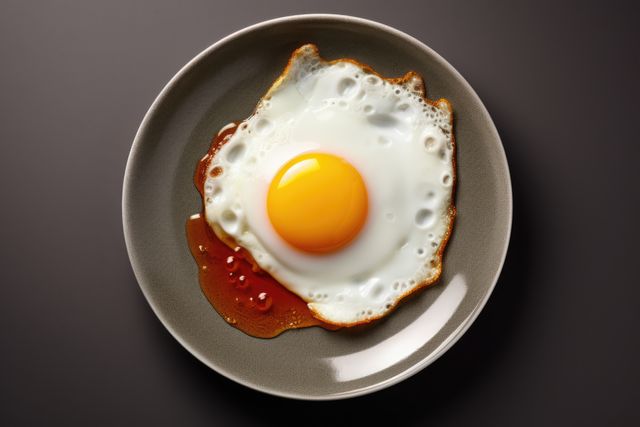 A perfectly fried egg sits on a plate, with copy space. Its golden yolk and crispy edges invite a delicious start to the day.