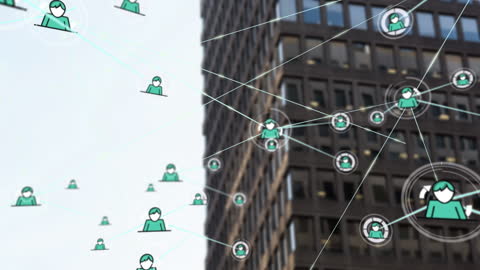 Networking Icons Overlay on Urban Skyscrapers Illustrating Connectivity