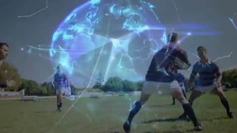 Rugby Players Compete with Digital Mesh Overlay Detailing Game