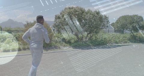 Man Running in Park with Digital Technology Overlay