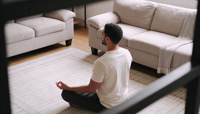 Man sitting cross-legged meditating on rug in neutral living room for wellness content