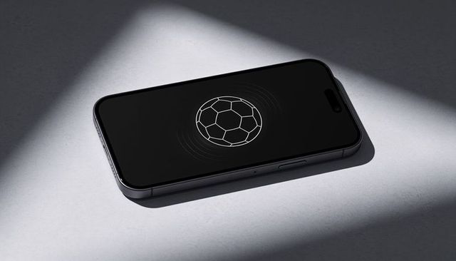 Metal smartphone displaying minimalist soccer icon under diagonal spotlight for sports tech