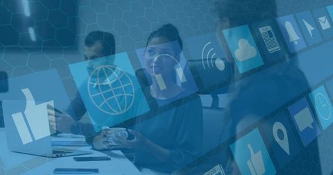 Businesswoman Speaking and Holding Mug in High-Tech Meeting with Social Media and Cloud Icons