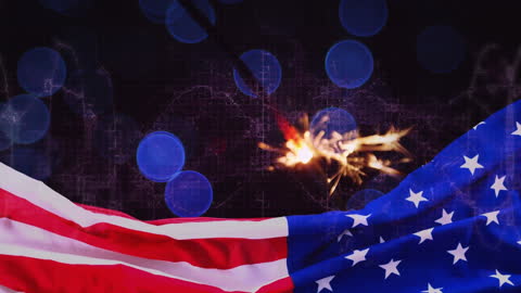 American Flag with Fireworks and Bokeh Lights