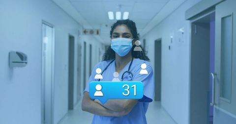 Confident Female Nurse in Hospital with Social Media Notifications