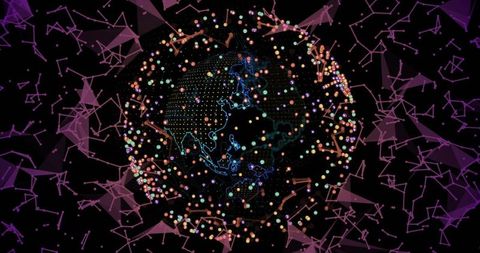 Futuristic digital globe in neon space with dynamic connections
