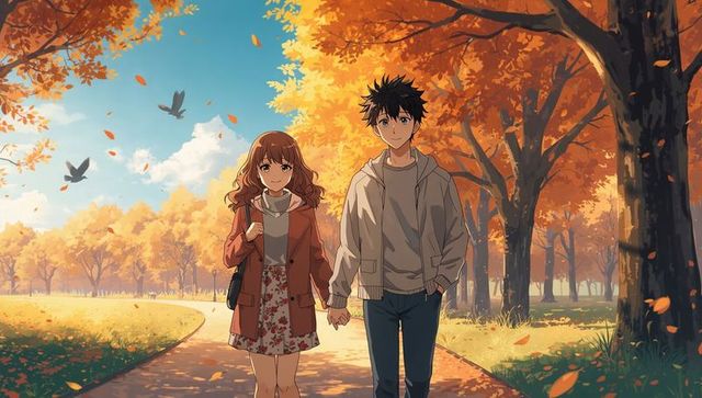 Young couple walking hand in hand through autumn park with falling leaves