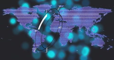 Futuristic global data visualization with glossy orbital rings, numeric overlays, bokeh