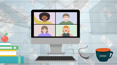 Virtual Meeting on Computer with Abstract Office Background