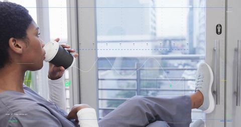 Nurse Drinking Coffee on Balcony with Bandaged Arm, Urban Medical Break and Calm