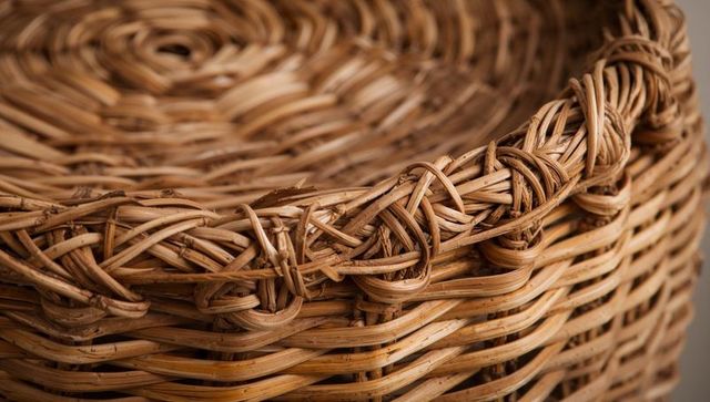 Handwoven wicker basket close-up showing braided rim and spiral base