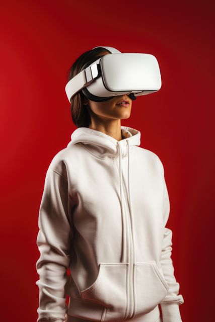 Caucasian woman wearing vr and ar headset on red background, created using generative ai technology. Augmented and virtual reality and technology concept digitally generated image.
