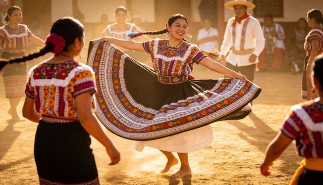 Spinning folkloric dancer twirling embroidered skirt in sunlit village courtyard