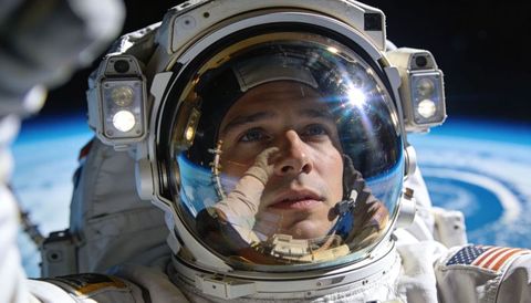 Astronaut floating in eva suit reflecting earth and sun flare during spacewalk