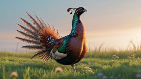 Majestic game bird animal with vibrant plumage at sunrise