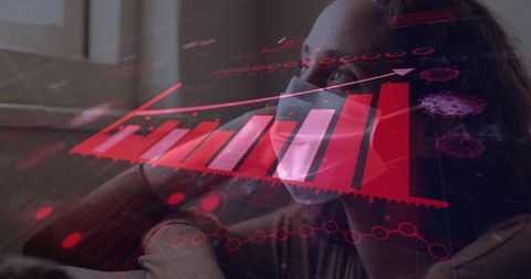 Digital graphic of pandemic data overlaying uncertain woman
