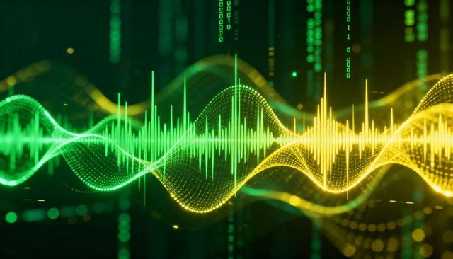 Neon audio waveform visualization showing green and yellow data ribbons and digital signal