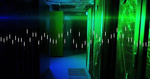 Futuristic Data Center Aisle with Green Server Rack Lighting and Pulsing Waveform