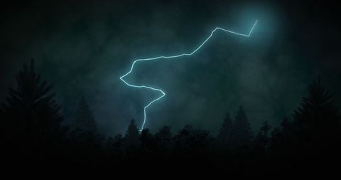 Silent lightning bolt illuminating forest silhouette
