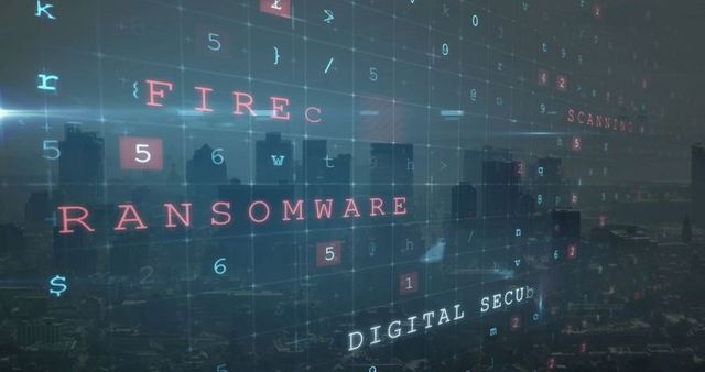 Ransomware Alert with Cybersecurity Code Above City Skyline