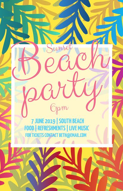 Vibrant, customizable tropical beach party invitation featuring a colorful floral background. Ideal for summer and themed events promoting gatherings with live music, refreshments, and celebration. Suitable for event coordinators, party planners, or beach venue promotions aiming to attract guests to a fun and lively event.