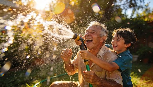 Grandfather and grandson laughing while spraying garden hose, sunlit backyard playtime