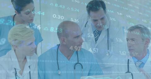 Healthcare professionals analyzing financial data overlay