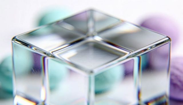 Crystal glass cube refracting pastel light with prism fringe and soft teal lavender bokeh