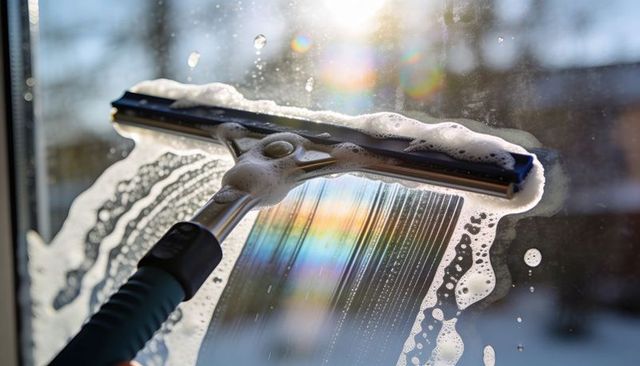 Squeegee cleaning sunlit window leaving soap suds and rainbow streaks from diffraction
