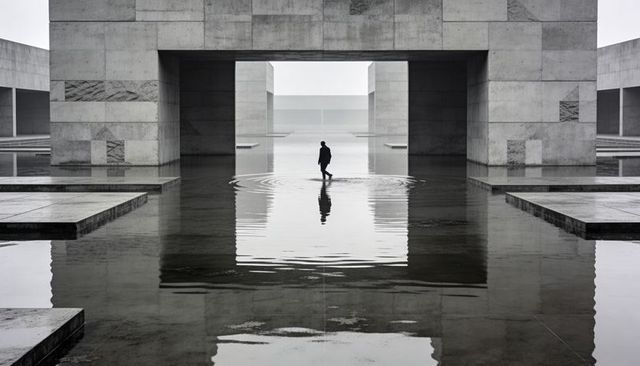 Solitary figure walking through shallow reflecting pool at geometric concrete gateway
