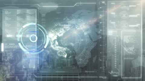 Futuristic Digital Interface with World Map and Clock