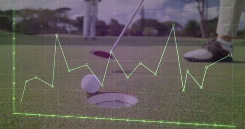 Golf ball teeters on hole with data overlay on green