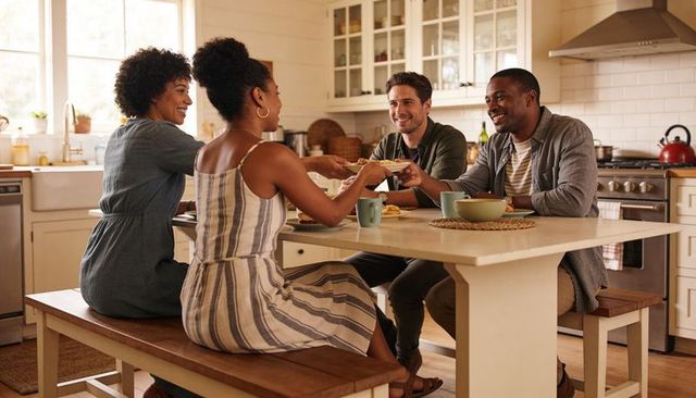 Friends sharing brunch around farmhouse kitchen island passing dish and laughing together