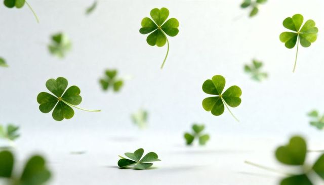 Floating four-leaf clovers casting soft shadows on white backdrop for luck and design