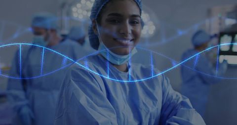 Confident Female Surgeon with DNA Strand Overlay in Operating Room