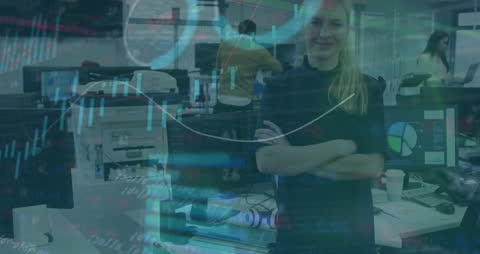 Confident Businesswoman in Modern Office with Data Visualization Overlay