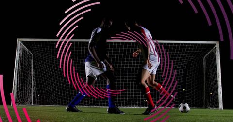 Football Action with Digital Swirls in Front of Goal
