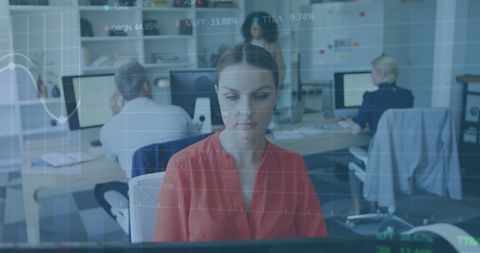 Businesswoman Analyzing Virtual Stock Market Data in Modern Office