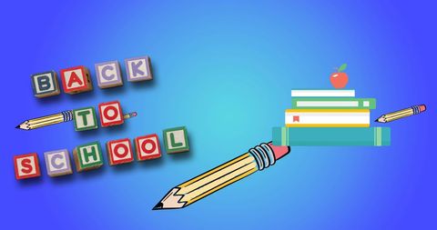 Back to school illustration with pencil and books on blue gradient background