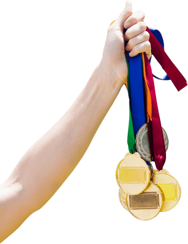 Caucasian sportswoman holding medals isolated on transparent background