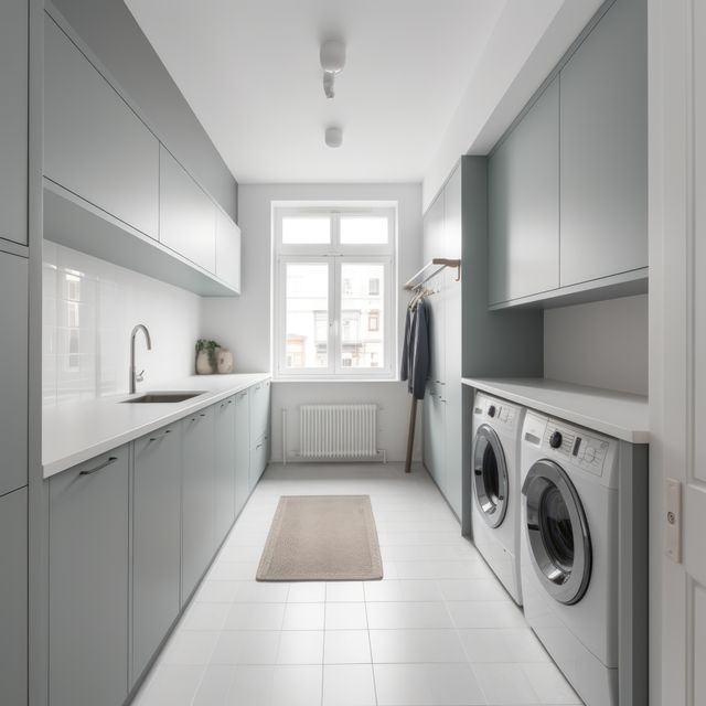 Bright and clean laundry room featuring sleek gray cabinets and white tiled flooring. Washing machines are neatly placed next to countertop space with a sink, creating a functional and organized environment. An ideal visual for home organization blogs, interior design inspiration, and storage solutions. This modern setup is perfect for showcasing tidy, minimalist designs in residential spaces.