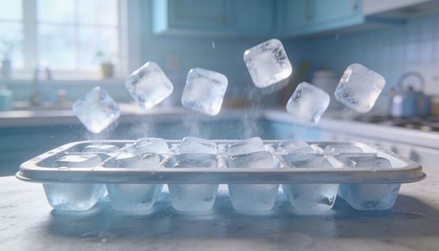 Floating clear ice cubes hovering above tray on marble counter with misty glow