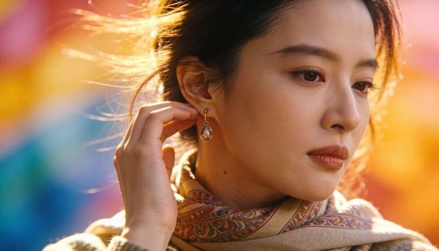 Golden-hour portrait of thoughtful woman wearing teardrop earring and patterned scarf
