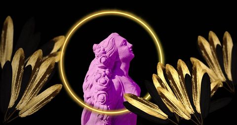 Purple Bust with Golden Halo and Metallic Leaves on Dark Background