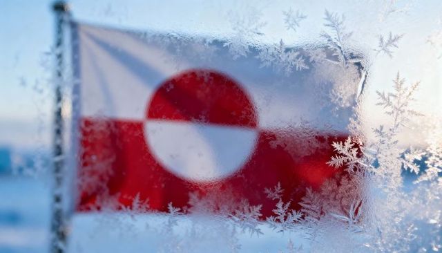Greenland flag showing through frosted glass with ice crystals on snowy coastline