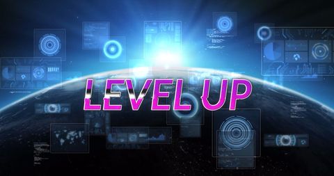 Level Up Text with Futuristic Data and Globe - Download Free Stock Images Pikwizard.com