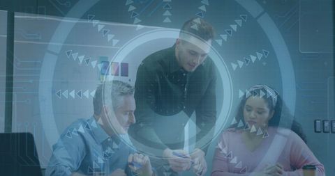 Diverse Team Collaborating with Digital Data Overlay