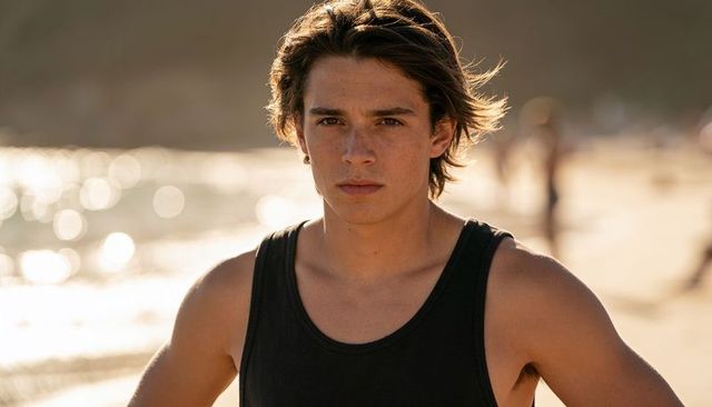 Teenage male standing on sunlit beach wearing black tank top, facing camera, golden hour